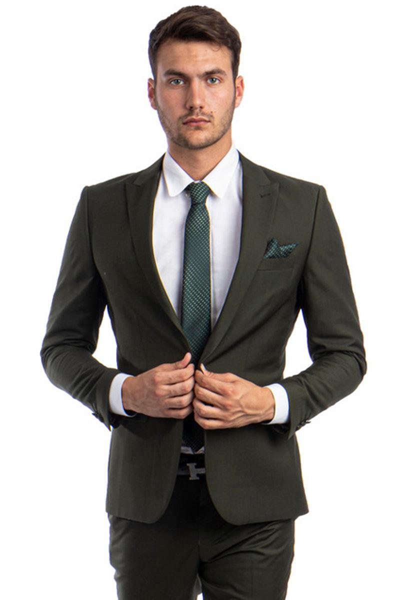 Tazio Men's Slim Fit Dark Olive Green Suit w/ Peak Lapel & 1-Button Closure | 40R CLOSE OUT - Elegant Mensattire