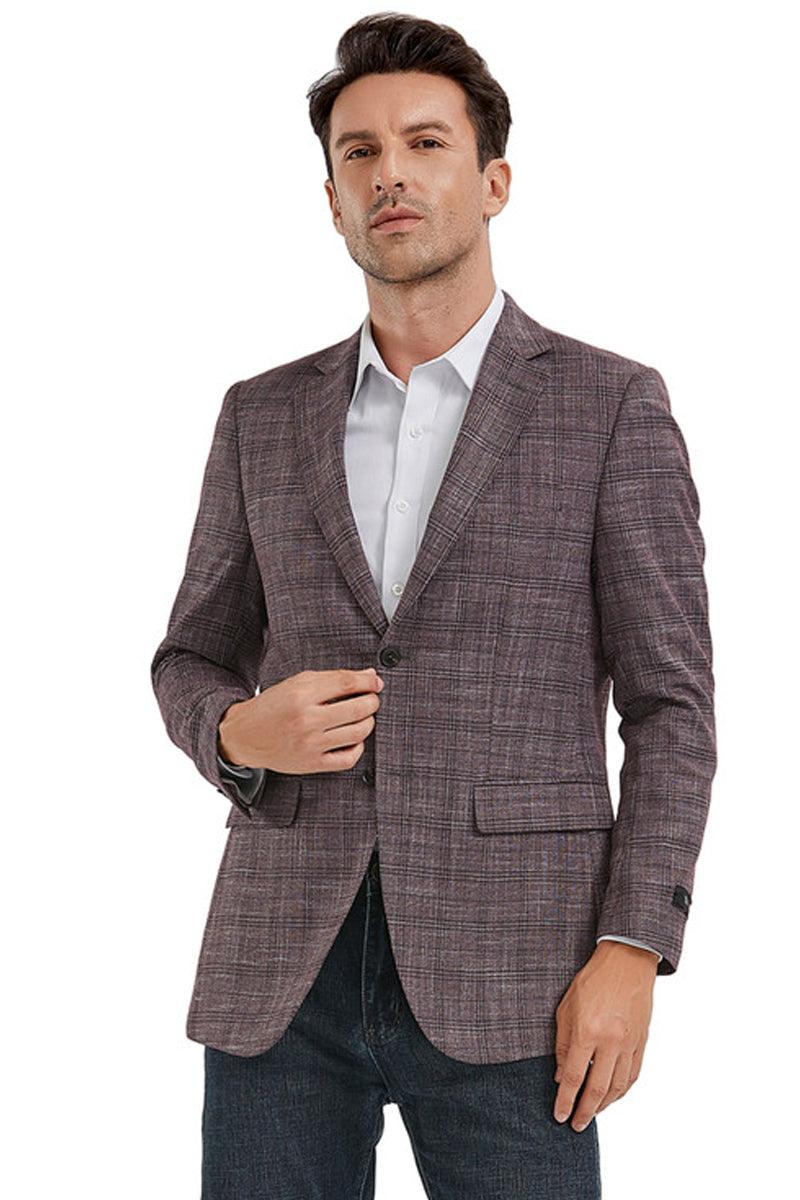 Tazio Men's Slim-Fit Dark Rose Pink Plaid Casual Sport Coat Blazer - Elegant Mensattire