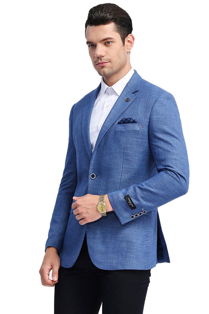 Tazio Men's Slim Fit Denim Blue Sport Coat - Summer Casual Chic. - Elegant Mensattire