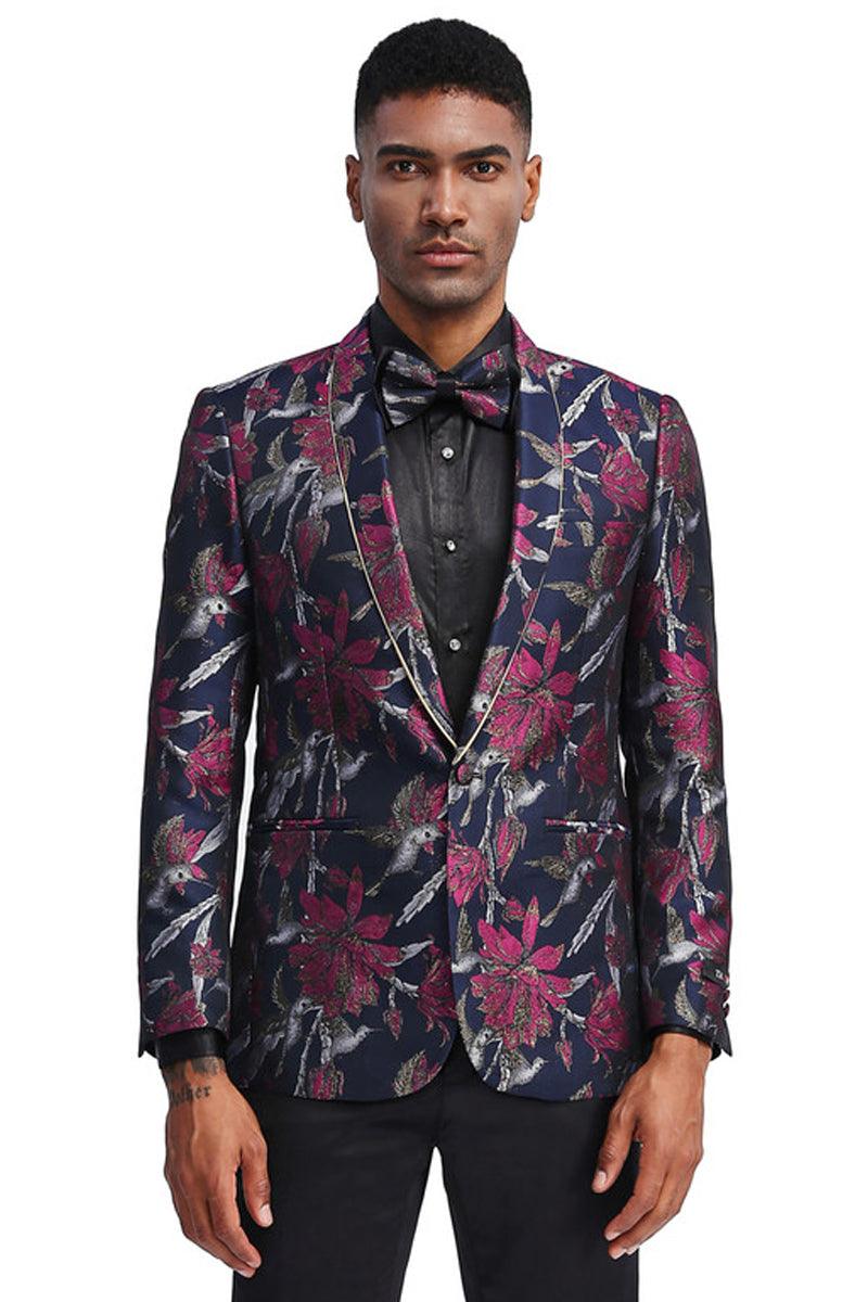 Tazio Men's Slim Fit Floral Shawl Lapel Navy Dinner Jacket - Elegant Mensattire