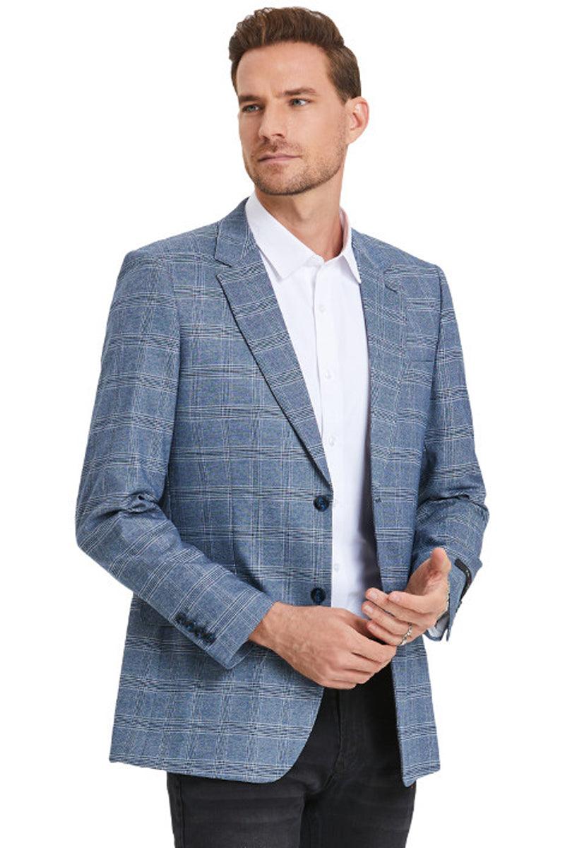 Tazio Men's Slim Fit Light Blue Plaid Sport Coat: Business Casual Elegance. - Elegant Mensattire