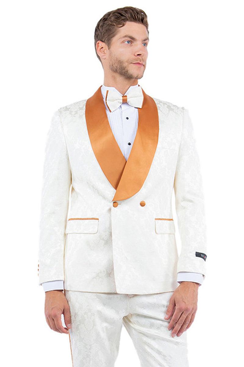 Tazio Men's Slim-Fit Paisley Jacket: Ivory & Golden Rust for Prom & Weddings - Elegant Mensattire