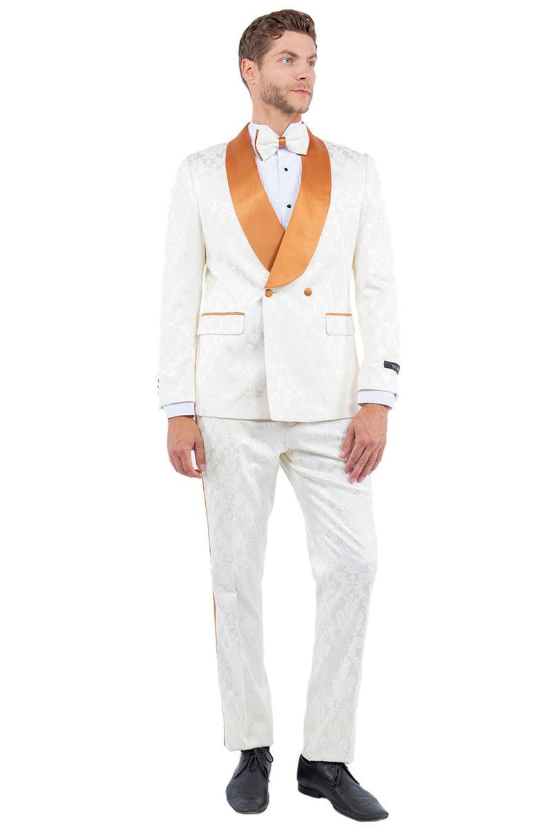 Tazio Men's Slim-Fit Paisley Jacket: Ivory & Golden Rust for Prom & Weddings - Elegant Mensattire