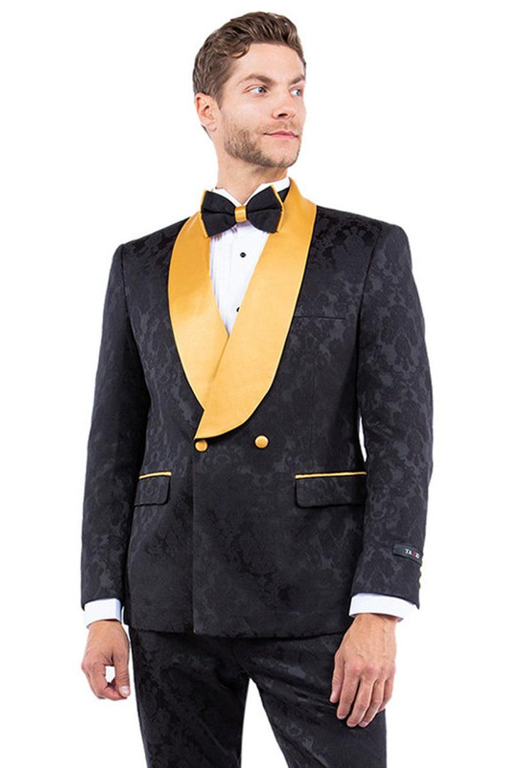 Tazio Men's Slim Fit Paisley Tuxedo Smoking Jacket - Black & Gold for Prom & Weddings - Elegant Mensattire