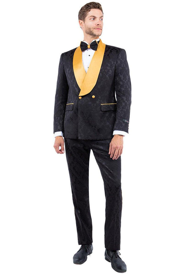 Tazio Men's Slim Fit Paisley Tuxedo Smoking Jacket - Black & Gold for Prom & Weddings - Elegant Mensattire