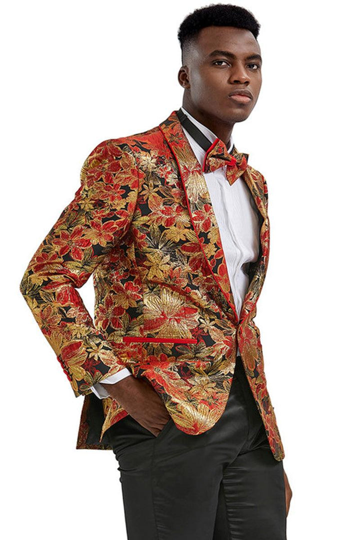 Tazio Men's Slim Fit Red & Gold Paisley Prom Tuxedo Jacket - Elegant Mensattire