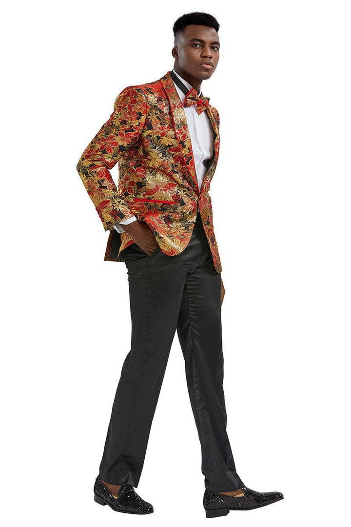 Tazio Men's Slim Fit Red & Gold Paisley Prom Tuxedo Jacket - Elegant Mensattire