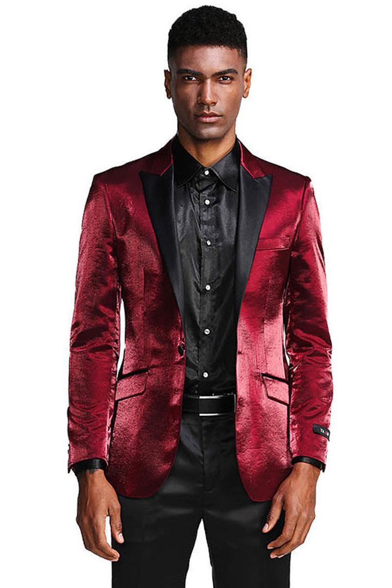 Tazio Men's Slim-Fit Shiny Burgundy Satin Prom Jacket - Elegant Mensattire