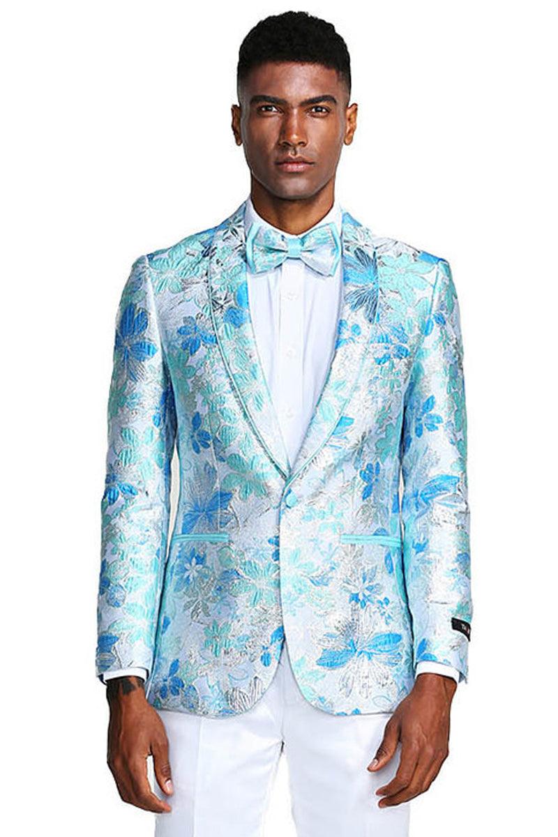 "Tazio Men's Slim-Fit Sky Blue & Silver Paisley Prom Tuxedo Jacket" - Elegant Mensattire