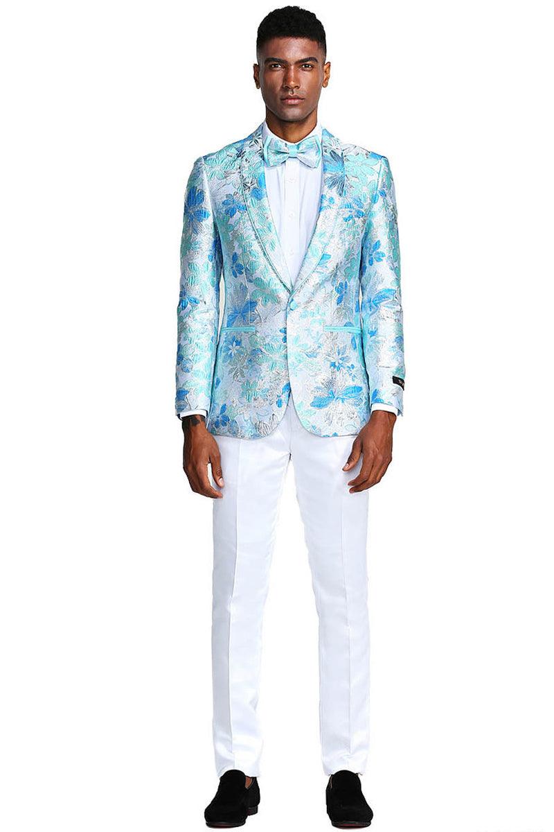 "Tazio Men's Slim-Fit Sky Blue & Silver Paisley Prom Tuxedo Jacket" - Elegant Mensattire