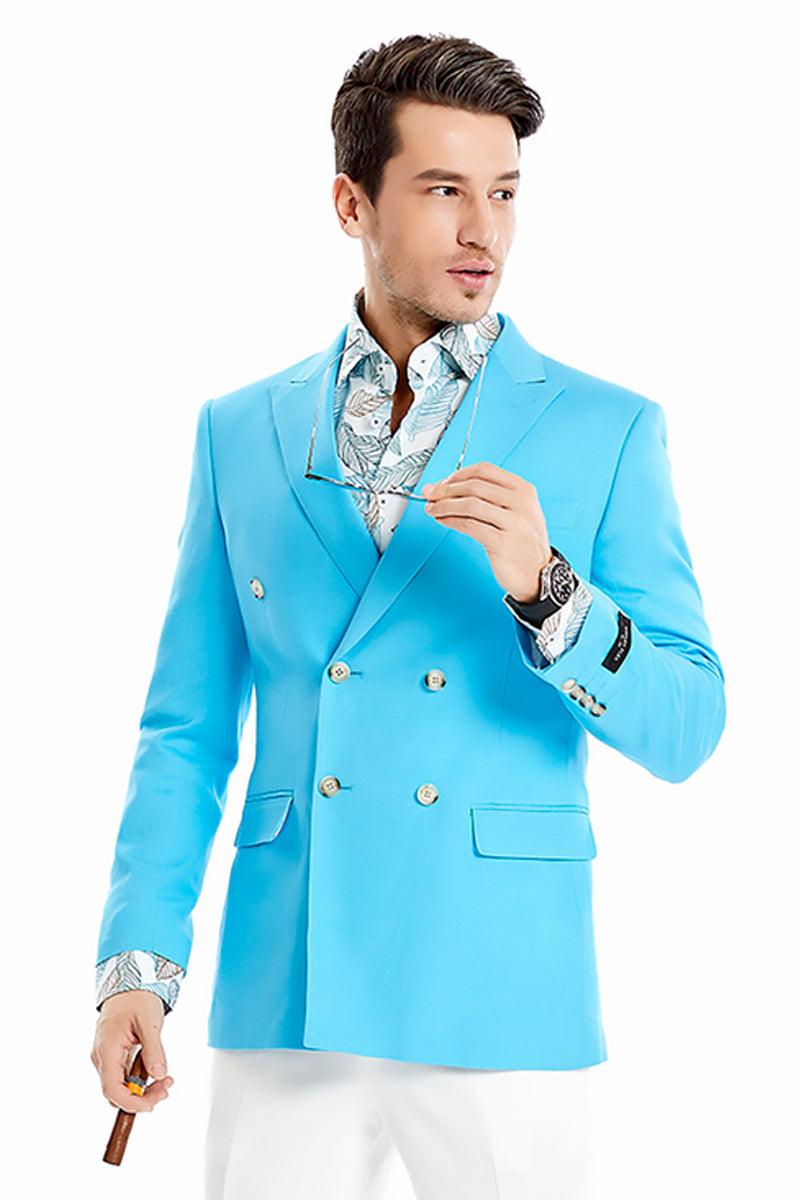 Tazio Men's Slim-Fit Sky Blue Double-Breasted Summer Blazer - Elegant Mensattire