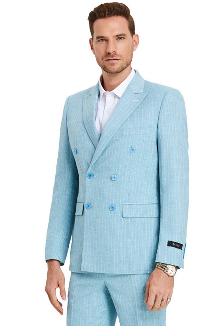 "Tazio Men's Slim-Fit Summer Pinstripe Suit - Teal Blue" - Elegant Mensattire