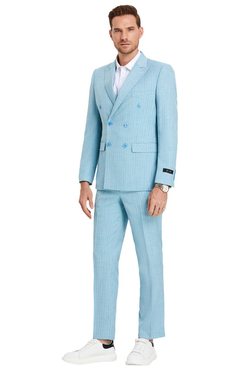 "Tazio Men's Slim-Fit Summer Pinstripe Suit - Teal Blue" - Elegant Mensattire