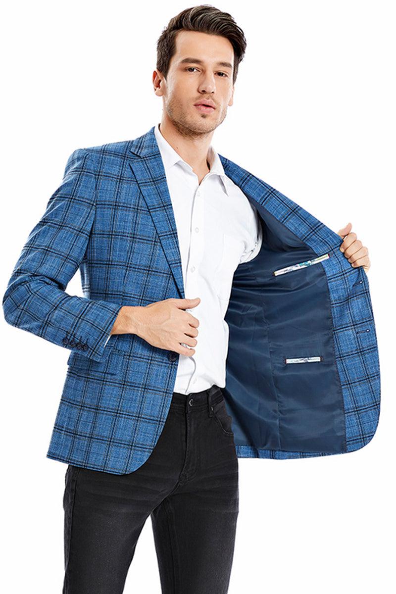 Tazio Men's Slim Fit Teal Blazer w/ Plaid Sport Coat Detail - Elegant Mensattire