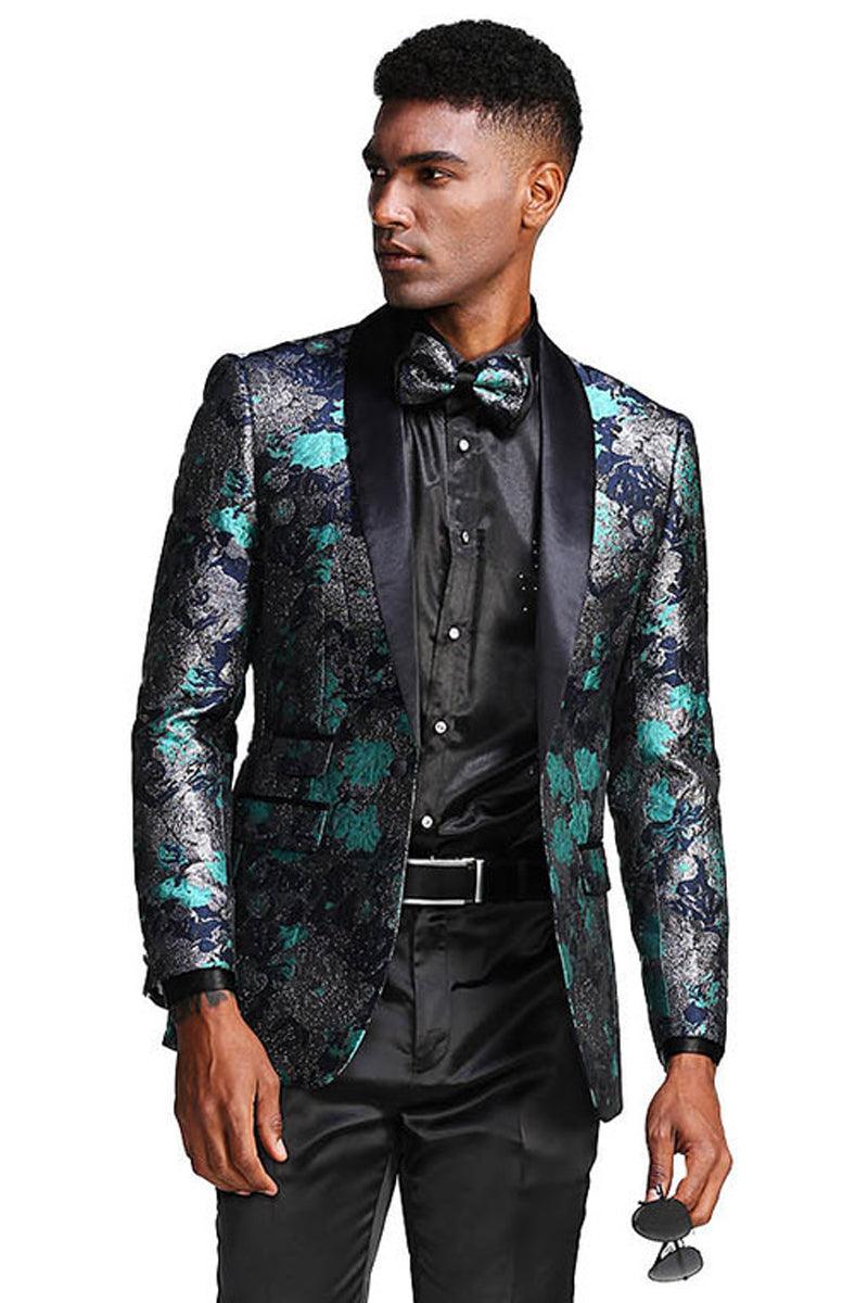 "Tazio Men's Slim-Fit Turquoise & Navy Paisley Floral Tuxedo: Formal Style & Classy Comfort" - Elegant Mensattire