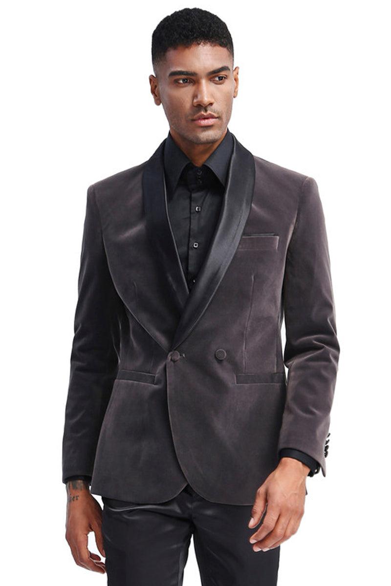 Tazio Men's Slim-Fit Velvet Grey Smokin Jacket - Double Breasted - Elegant Mensattire