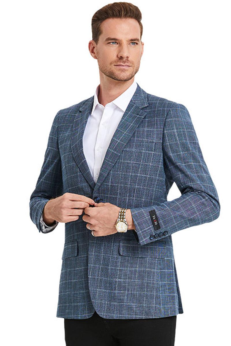 "Tazio Men's Slim-Fit Windowpane Plaid Denim Sport Coat" - Elegant Mensattire