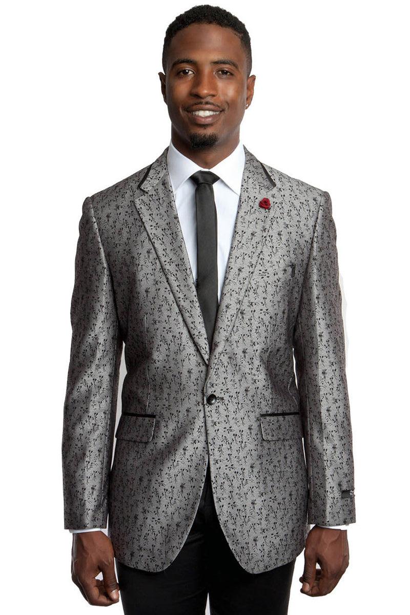 Tazio Men's Slim One-Button Floral Blazer in Silver Grey - Elegant Mensattire