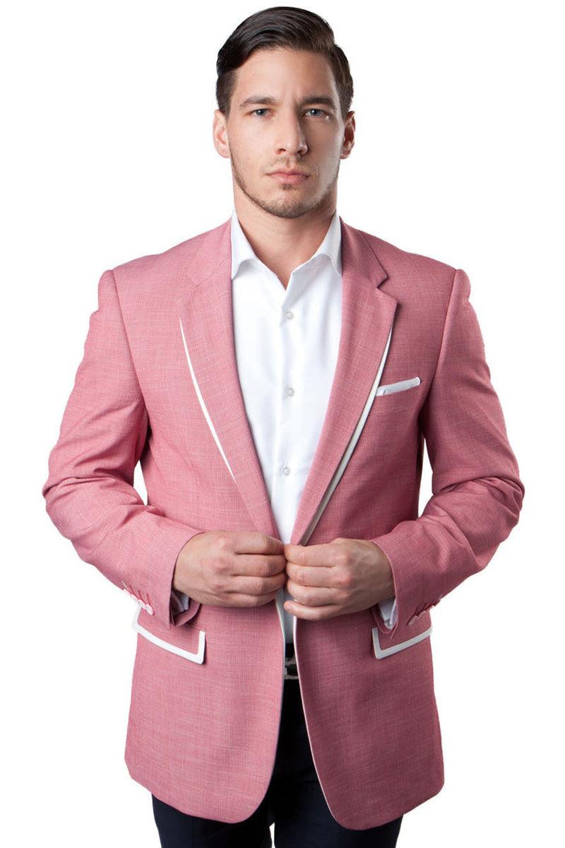 Tazio Men's Summer Blazer: Salmon Pink with White Trim - Elegant Mensattire