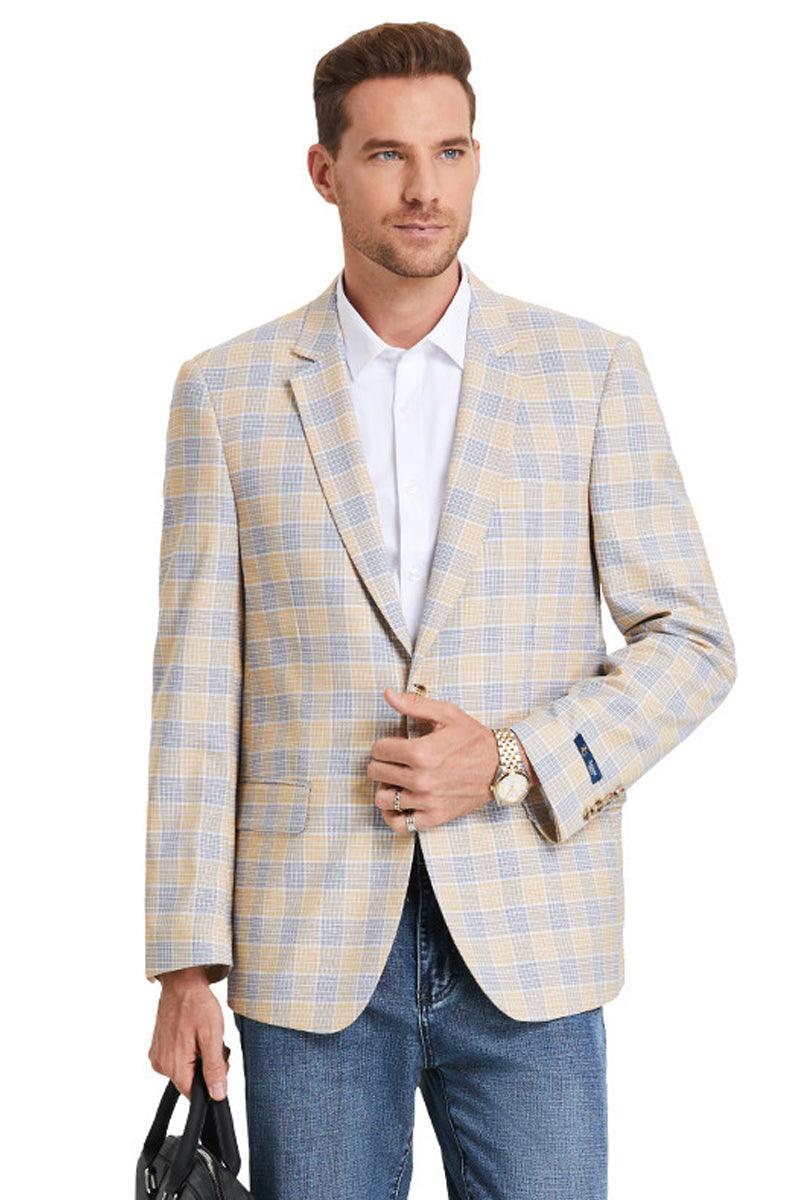 Tazio Men's Tan & Blue Glen Plaid 2-Button Sports Coat: Business Casual Class - Elegant Mensattire