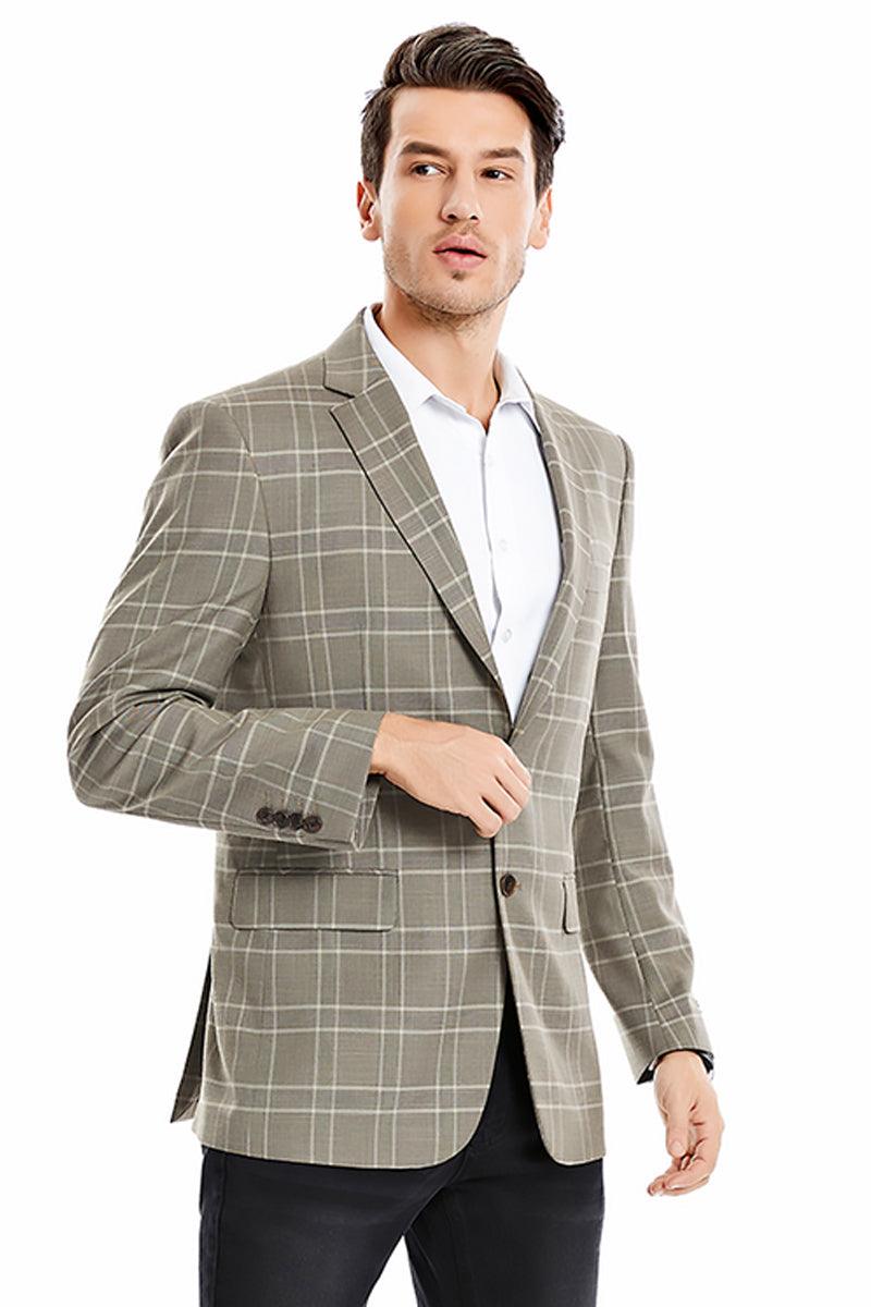 Tazio Men's Tan Plaid Double Windowpane Blazer - 2-Button Regular Fit - Elegant Mensattire