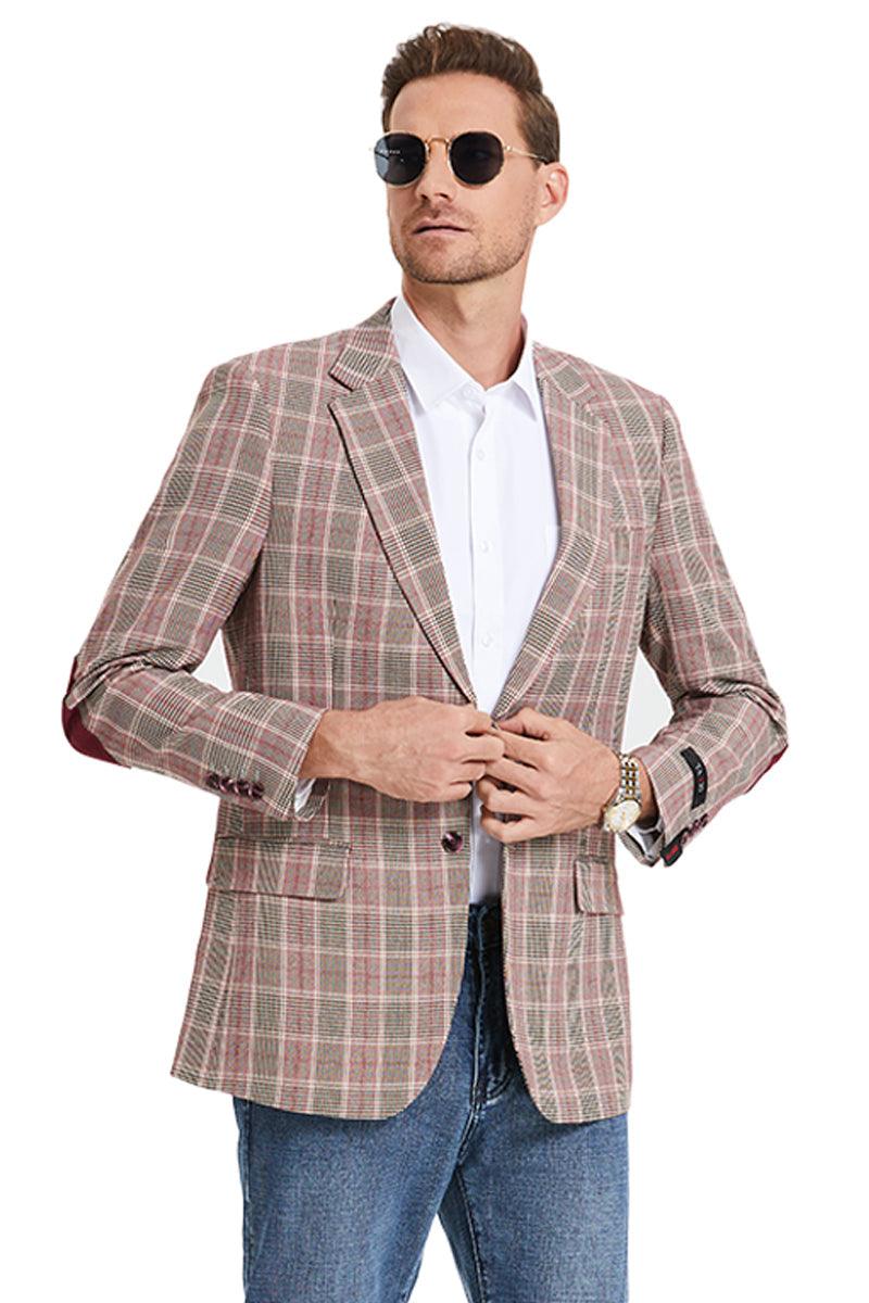 Tazio Men's Two-Button Burgundy Glen Plaid Slim Fit Business Sport Coat - Elegant Mensattire