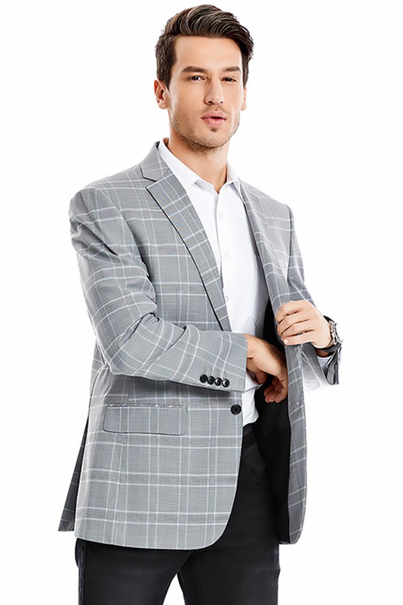 "Tazio Men's Two-Button Regular Fit Grey Windowpane Plaid Blazer" - Elegant Mensattire