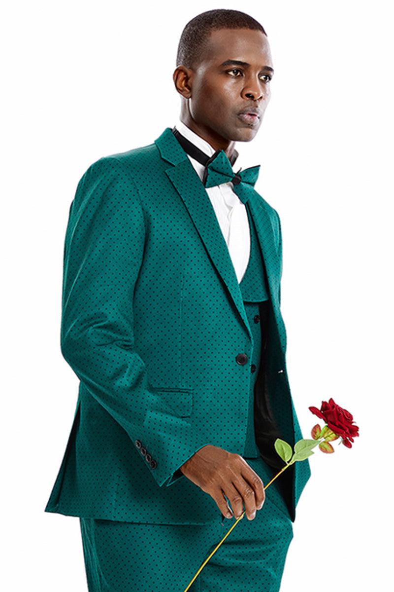 Tazio Men's Vested Green/Black Polka Dot Prom Suit w/One Button - Elegant Mensattire