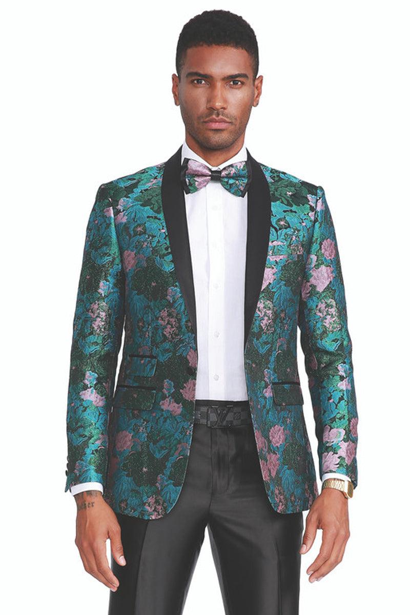 .

"Tazio Paisley Floral Tuxedo - Slim Fit Shawl Lapel in Green & Pink" - Elegant Mensattire