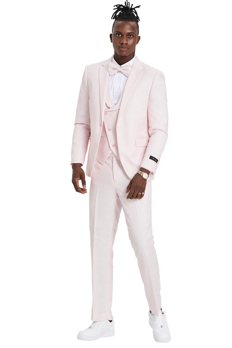 Tazio Pink Polka Dot Suit: One-Button, Notch Lapel, Double-Breasted Wedding & Prom Vest - Elegant Mensattire