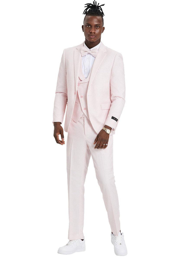 Tazio Pink Polka Dot Suit: One-Button, Notch Lapel, Double-Breasted Wedding & Prom Vest - Elegant Mensattire