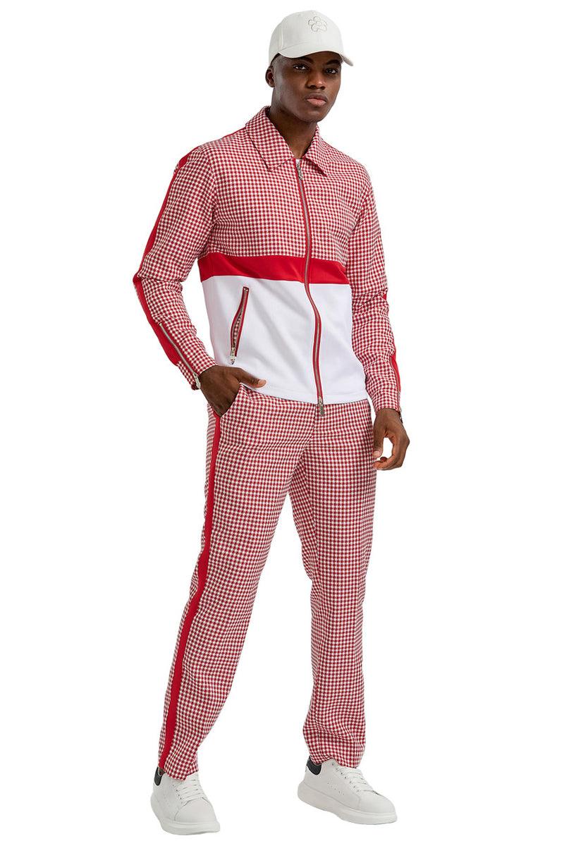 Tazio Red Houndstooth Men's Walking Suit Jacket & Pant Set - Elegant Mensattire