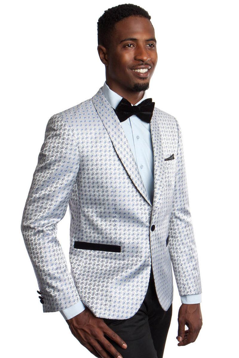 "Tazio Silver & Blue One-Button Shawl Lapel Oval Paisley Dinner Jacket" - Elegant Mensattire