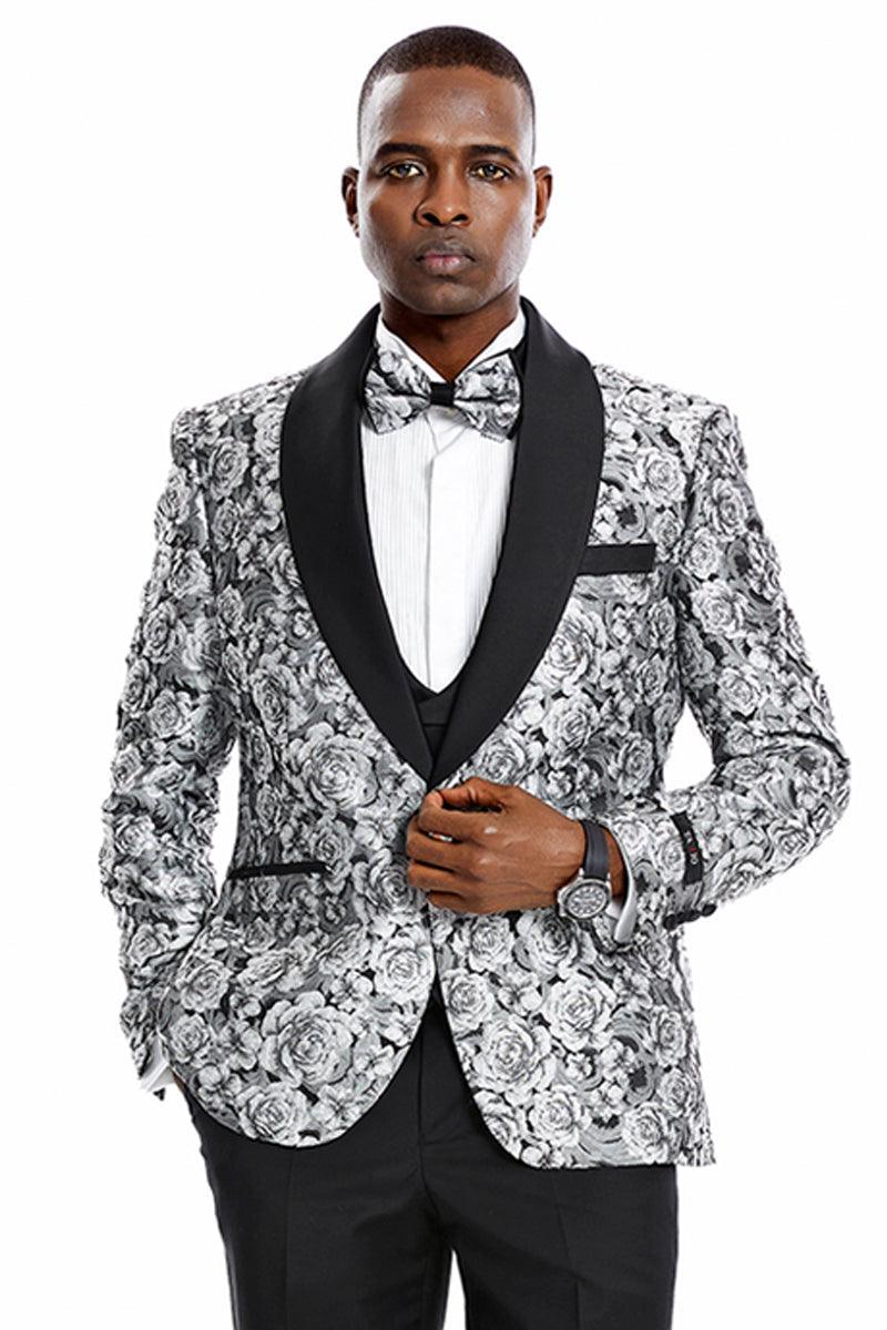 Tazio Silver Men's Paisley Floral Slim Vested Prom Tuxedo w/ One Button - Elegant Mensattire