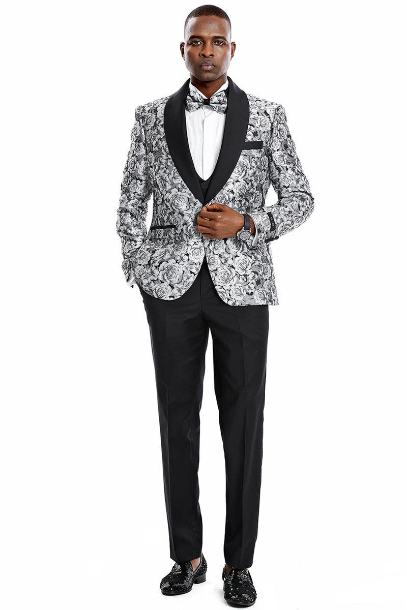 Tazio Silver Men's Paisley Floral Slim Vested Prom Tuxedo w/ One Button - Elegant Mensattire