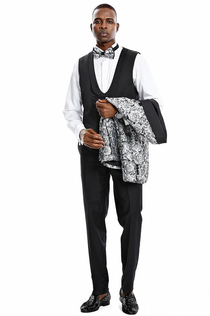 Tazio Silver Men's Paisley Floral Slim Vested Prom Tuxedo w/ One Button - Elegant Mensattire