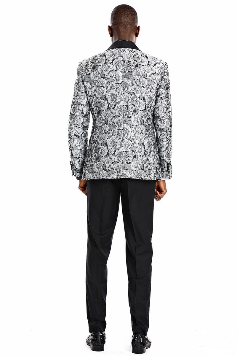 Tazio Silver Men's Paisley Floral Slim Vested Prom Tuxedo w/ One Button - Elegant Mensattire