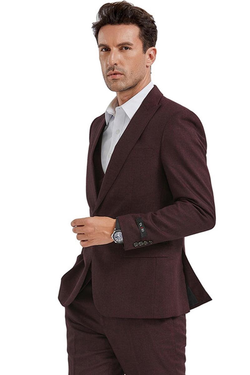 Tazio Suit: Men's Slim-Fit 1-Button Burgundy Sharkskin Lapel & Double-Breasted Vest - Elegant Mensattire