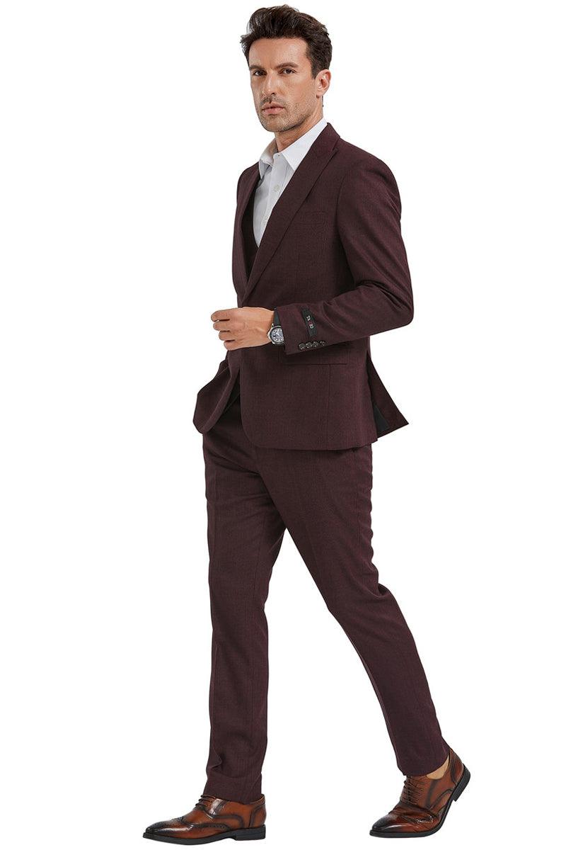 Tazio Suit: Men's Slim-Fit 1-Button Burgundy Sharkskin Lapel & Double-Breasted Vest - Elegant Mensattire