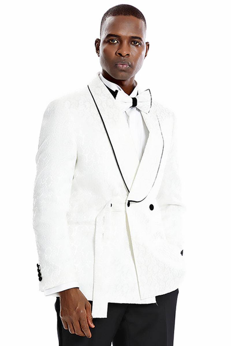 Tazio White Paisley Smoking Jacket: Slim Fit Double Breast Prom & Wedding Tuxedo - Elegant Mensattire