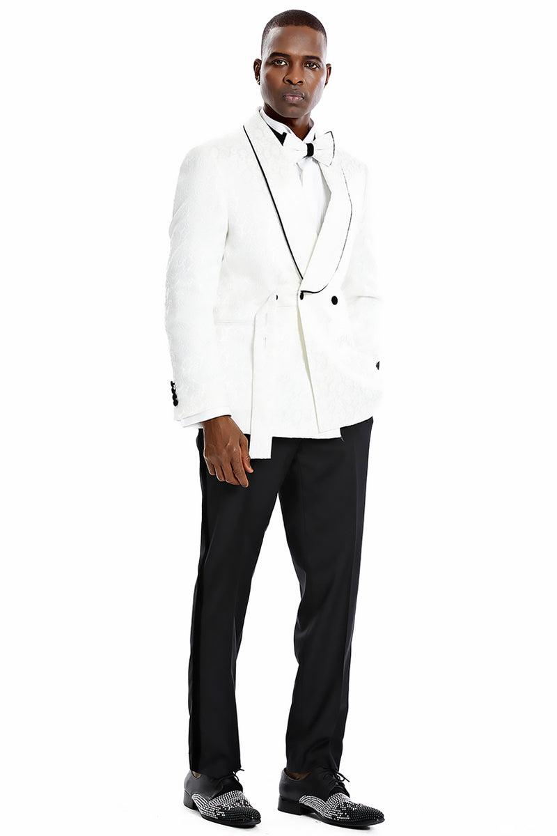 Tazio White Paisley Smoking Jacket: Slim Fit Double Breast Prom & Wedding Tuxedo - Elegant Mensattire