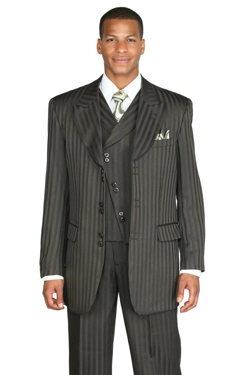 Tonal Olive Pinstripe Suit w/Slanted Vested & Peak Lapels - Fortino Landi - Elegant Mensattire