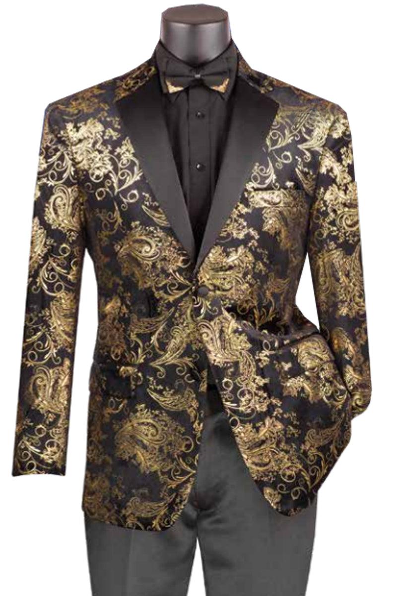 Velvet Foil Smoking Jacket Tuxedo in Gold by Vinci - Elegant Mensattire