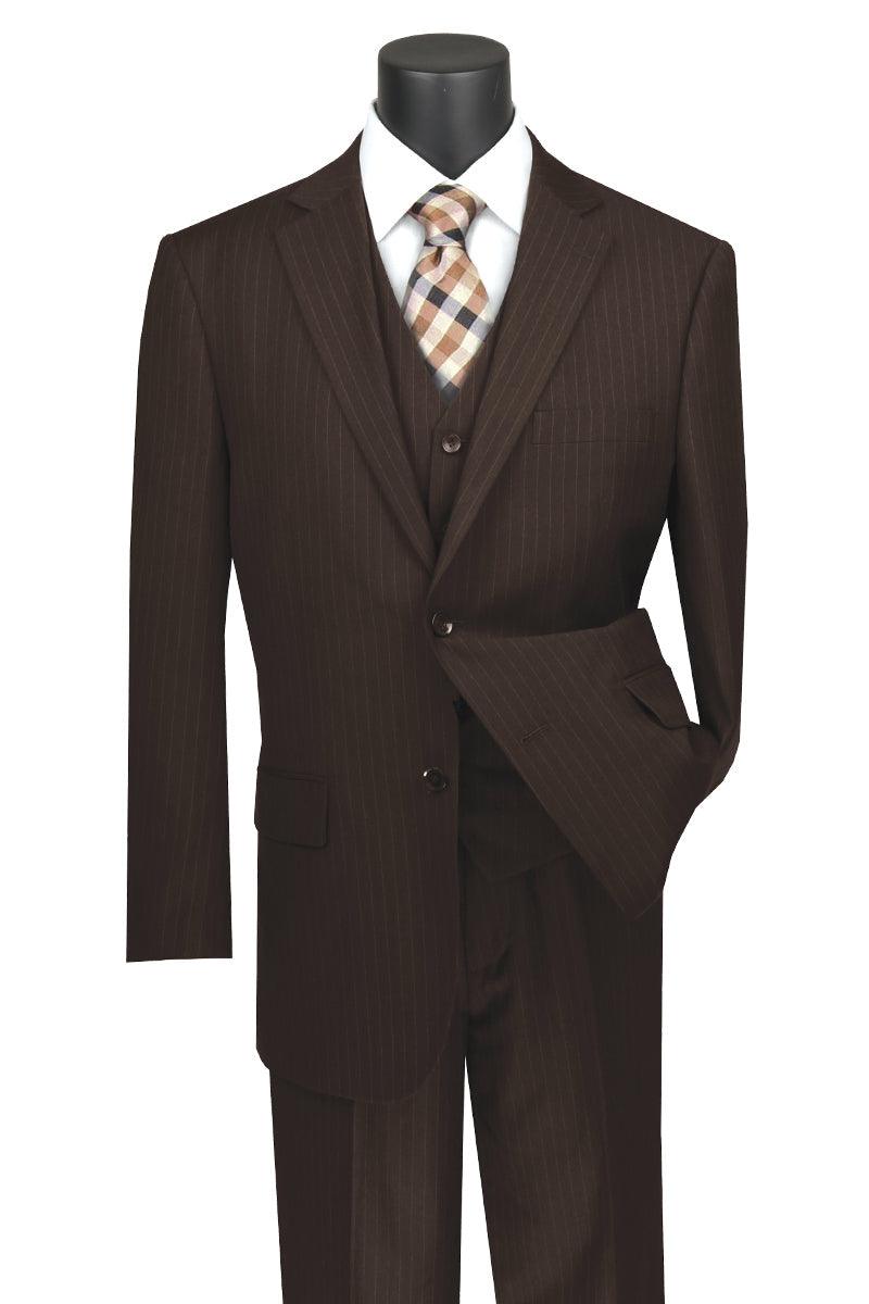 Vinci Banker Pinstripe Suit: Mens Classic Fit Brown Vest & Pleat Pants - Elegant Mensattire