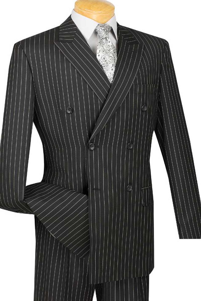 Vinci Black Double Breasted Gangster Bold Pinstripe Suit - Elegant Mensattire