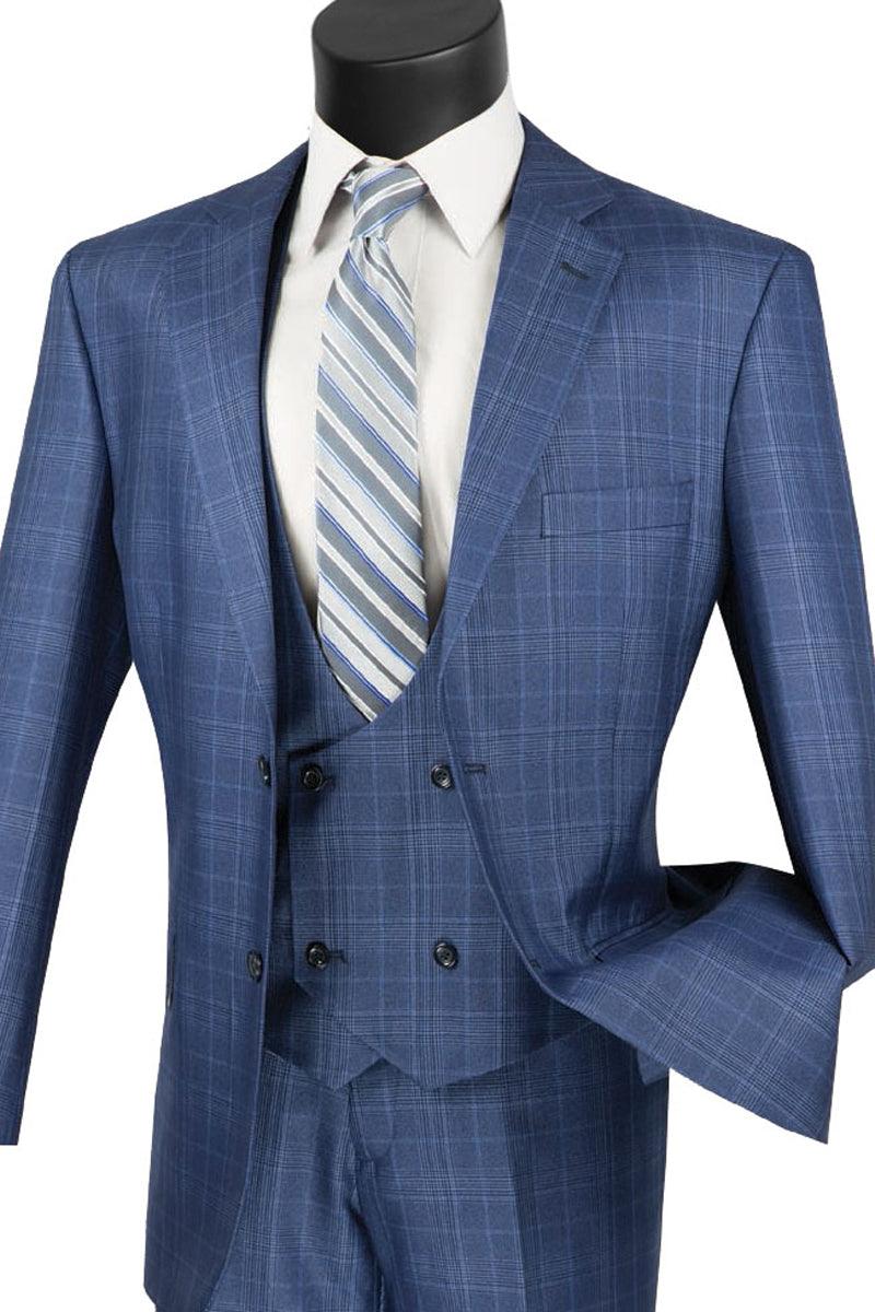 Vinci Blue Peak Lapel 2-Button Vested Windowpane Suit - Elegant Mensattire
