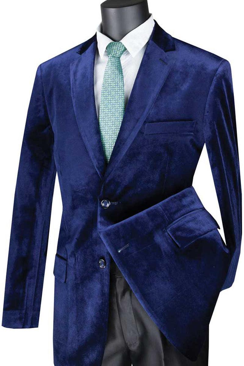 "Vinci Crux Men's 2-Button Velvet Blazer in Sapphire Blue" - Elegant Mensattire