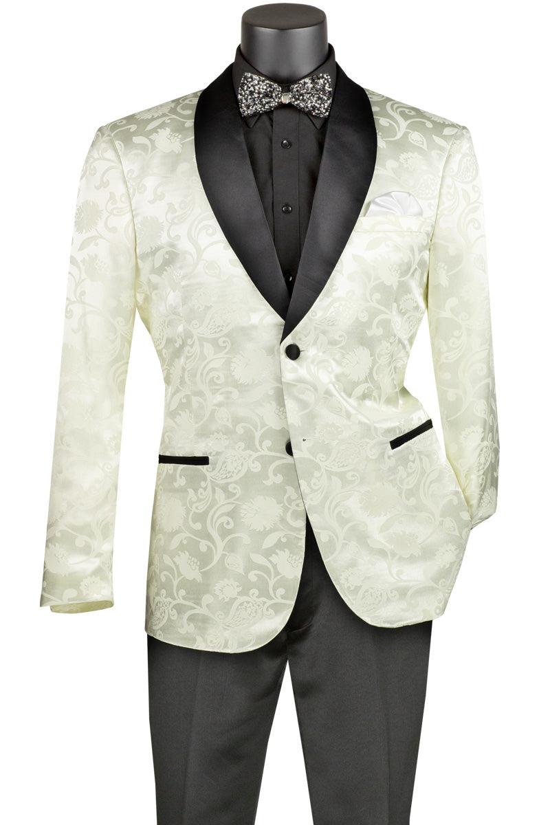 "Vinci Ivory Cream Prom Blazer: Silky Jacquard, Slim Fit, Tonal Paisley Print" - Elegant Mensattire