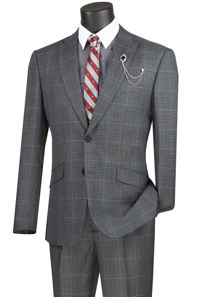 Vinci Men's 2-Button Charcoal Grey Plaid Modern Fit Suit with Peak Lapel - Elegant Mensattire