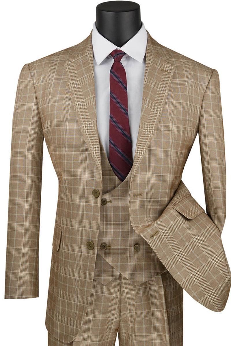 Vinci Men's 2-Button Plaid Windowpane Camel Vest Suit - Elegant Mensattire